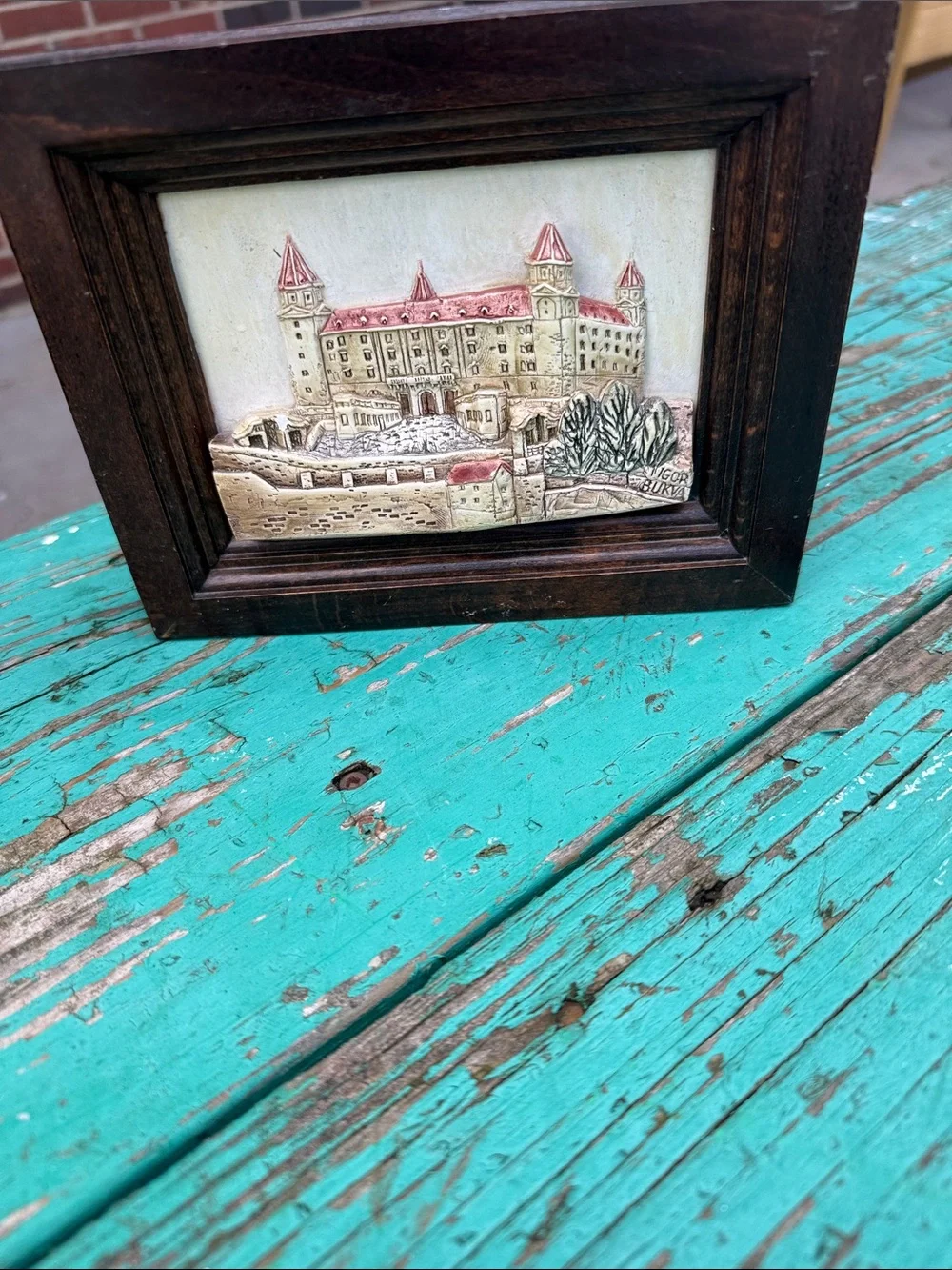 Framed Castle Relief Wall Art in Brown and Crea raised art